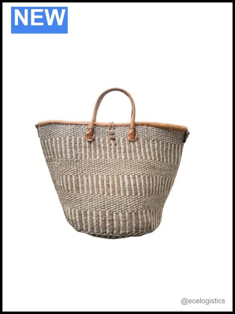 Handwoven Sisal Market Tote Bag with Leather Handles, Lightweight Beach Straw
